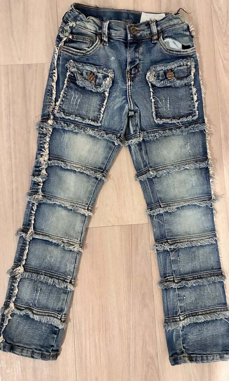 FWRD Denim Light Wash Distressed Stacked Patchwork Cargo Jeans